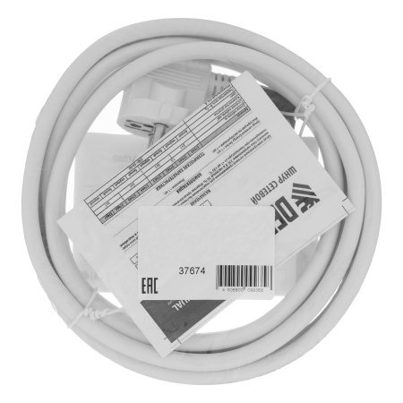 Шнур сетевой Energy Series, ПВС, 3 м, 3 x 1,5 мм, с неразборной вилкой, белый, Denzel цена