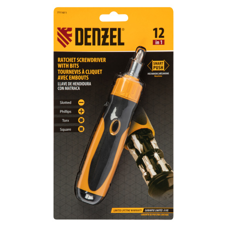 Отвертка реверсивная, механизм SmartPush 12 шт, S2 Denzel