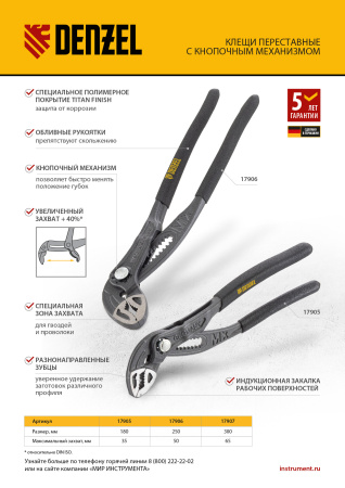 Клещи переставные, кнопочный механизм, обливные рукоятки, 180 мм Denzel