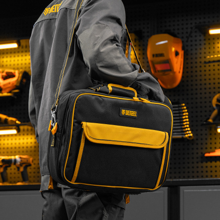 Сумка для инструмента, 400х170х300 мм, 3 отделения, 28 карманов, наплечный ремень Denzel цена