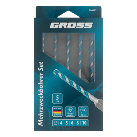 Набор сверл универсальных, Multipurpose PRO, 6-гр. хвостовик, 4-10мм, 5шт Gross