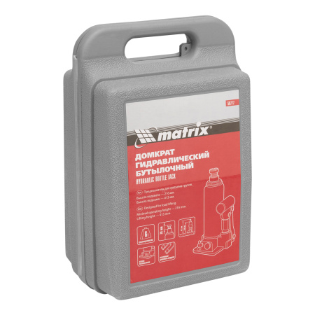 Домкрат гидравлический бутылочный, 6 т, h подъема 216-413 мм, в пластиковом кейсе Matrix цена