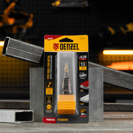 Сверло ступенчатое, 6-8-10-12-14-16-18-20-22-24-26-28-30мм, Р6М5К5, 6-гр. хвостовик Denzel