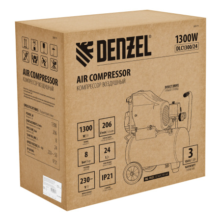 Компрессор воздушный DLC1300/24 безмасляный 1.3 кВт, 24 литра, 206 л/мин Denzel