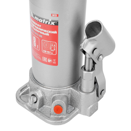 Домкрат гидравлический бутылочный, 8 т, высота подъема 230-457 мм Matrix цена
