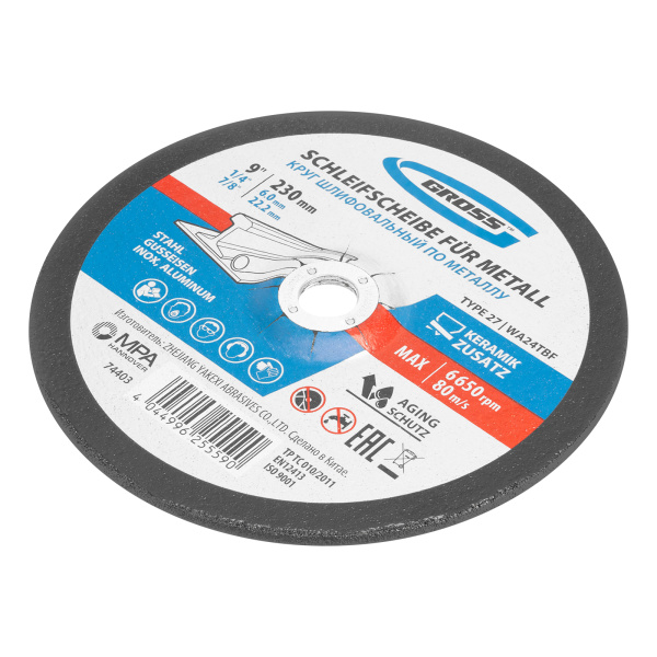 Круг шлифовальный по металлу, 230 х 6,0 х 22,2 мм, WA24TBF// Gross