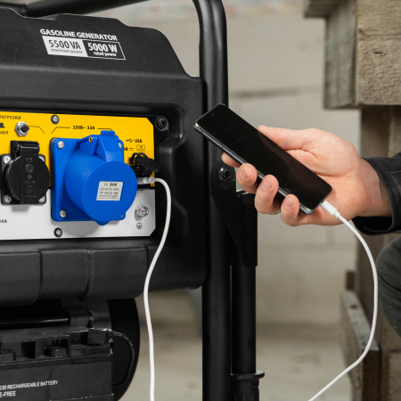 Генератор бензиновый PS 55 EA, 5.5 кВт, 230 В, 25 л, коннектор автоматики, электростартер Denzel