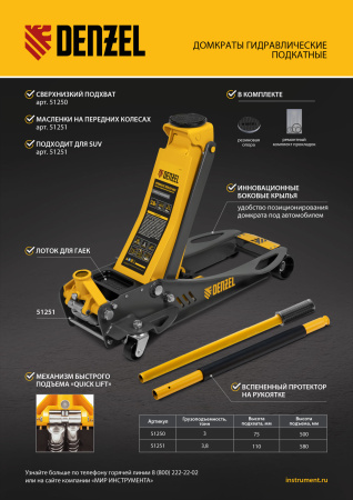 Домкрат гидравлический подкатной, 3,8 т, 110-580 мм, быстрый подъем, низкий подхват, проф. Denzel цена