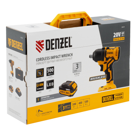 Гайковерт ударный аккумуляторный бесщет. CIWH-BL-20-500, Li-Ion, 20 В Denzel