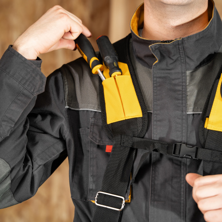 Пояс монтажника усиленный, с лямками, сумки поясные, держатель для молотка Denzel цена