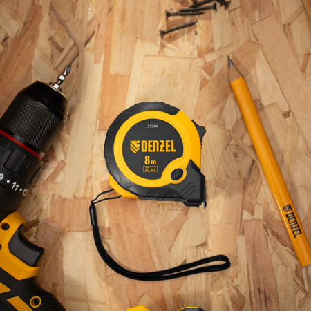 Рулетка 8м х 25мм, двухкомп. корпус, кнопка-пауза Denzel цена