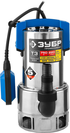 Дренажный насос для грязной воды ЗУБР, корпус - нерж. сталь, 750 Вт, Профессионал НПГ-Т3-750-С