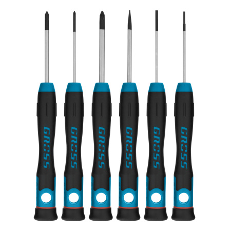 Набор отверток для точной механики, CrMo, двухкомпонентные рукоятки, 6 шт, пластиковый бокс Gross