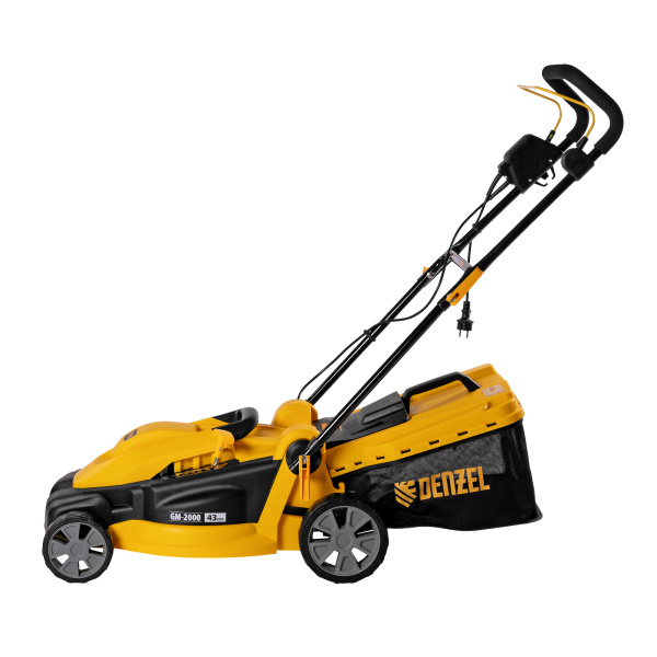 Газонокосилка электрическая GM-2000, 2000 Вт, ширина 43 см, 6 уровней, травосборник 45 л. Denzel цена