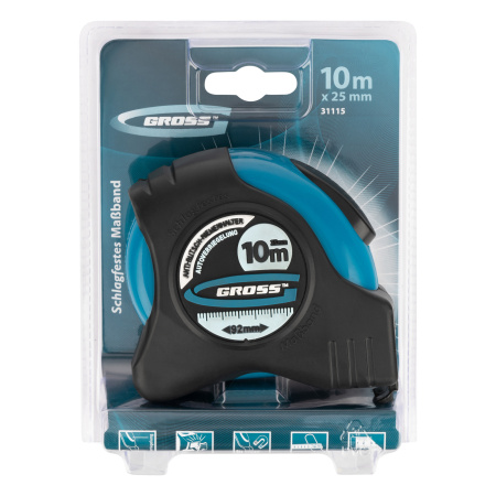Рулетка "Schlagfest",10 м x 25 мм,магнитный обрезиненный зацеп,двусторонняя шкала,автоматическая фиксация Gross цена
