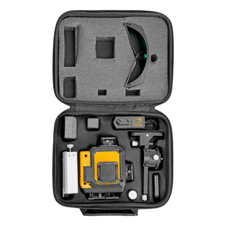 Лазерный уровень мультипризменный DLV 360-4T, 30 м, зеленый луч, Li-Ion 2,4 Aч, штатив// Denzel цена