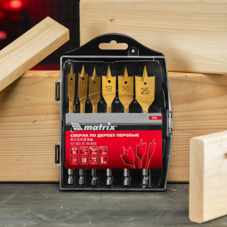 Набор сверл перовых по дереву, 10-12-16-18-20-25 мм, 6 шт, пластиковый кейс, Matrix
