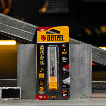 Сверло ступенчатое 4-5-6-7-8-9-10-11-12 мм, Р6М5К5, 6-гр. хвостовик Denzel