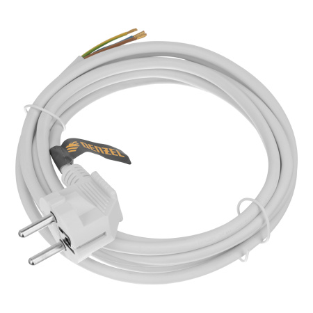 Шнур сетевой Energy Series, ПВС, 3 м, 3 x 1 мм, с неразборной вилкой, белый, Denzel цена