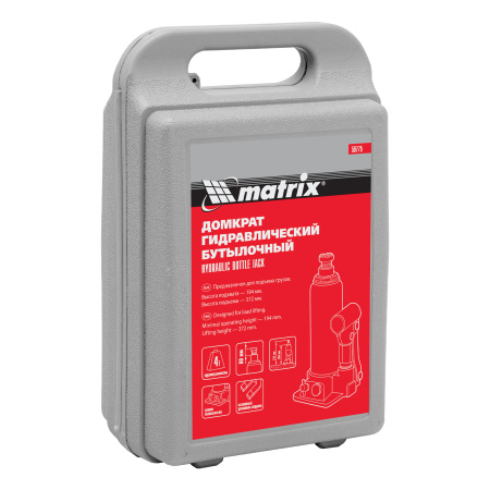 Домкрат гидравлический бутылочный, 4 т, h подъема 194-372 мм, в пластиковом кейсе Matrix цена