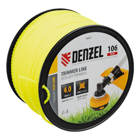Леска для триммера витой квадрат, 4,0мм х 106м, на DIN катушке FLEX CORD Denzel цена
