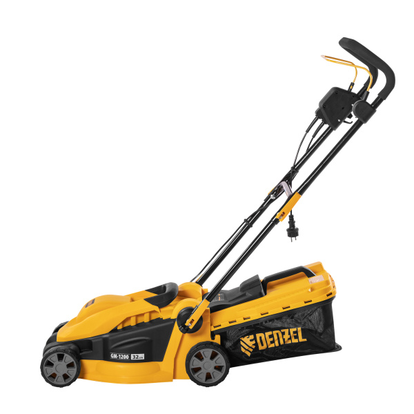 Газонокосилка электрическая GM-1200, 1200 Вт, ширина 32 см, 3 уровня, травосборник 25 л. Denzel цена