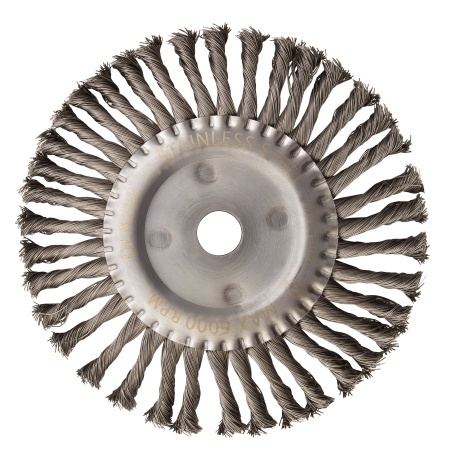 Щетка для УШМ, 200 мм, "Плоская", крученая нержавеющая проволока 0.5 мм, посадка 22.2 мм Denzel