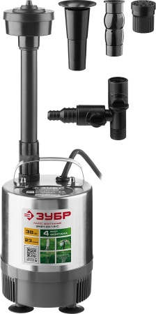 Насос фонтанный, ЗУБР ЗНФЧ-23-1.9-C, нерж сталь, для чистой воды, напор 1,9 м, насадки: колокольчик, гейзер, каскад, 38 Вт, 23 л/мин ЗНФЧ-23-1.9-С