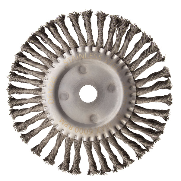 Щетка для УШМ, 200 мм, "Плоская", крученая нержавеющая проволока 0.5 мм, посадка 22.2 мм Denzel