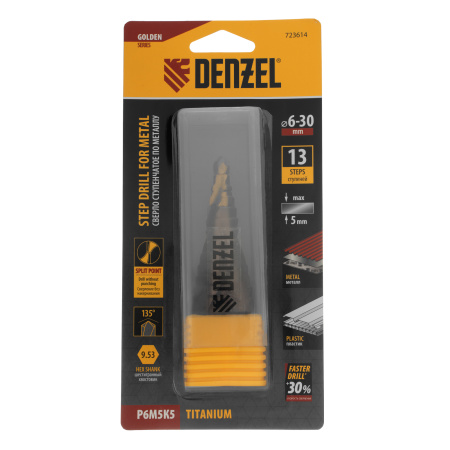 Сверло ступенчатое, 6-8-10-12-14-16-18-20-22-24-26-28-30мм, Р6М5К5, 6-гр. хвостовик Denzel
