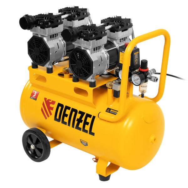 Компрессор безмасляный, малошумный DLS 1500/50, 1500 ВТ, 2x750, 50 л, 260 л/мин Denzel