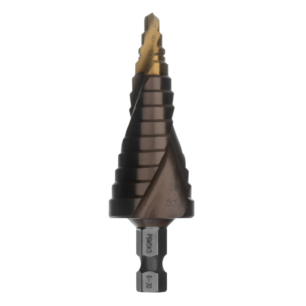 Сверло ступенчатое, 6-8-10-12-14-16-18-20-22-24-26-28-30мм, Р6М5К5, 6-гр. хвостовик Denzel