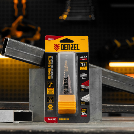 Сверло ступенчатое, 4-6-8-10-12-14-16-18-20-22-24-26-28-30-32 мм, Р6М5К5, 6-гр. хвостовик Denzel