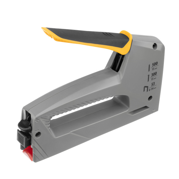 Степлер мебельный, пластиковый корпус, тип 53, 6-14 мм, тип 300, 15 мм, тип 500, 15 мм Denzel цена
