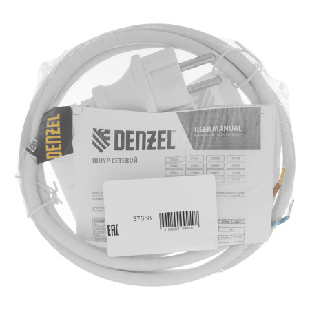 Шнур сетевой Energy Series, ПВС, 1,5 м, 2 x 1,5 мм, с неразборной вилкой, белый, Denzel цена