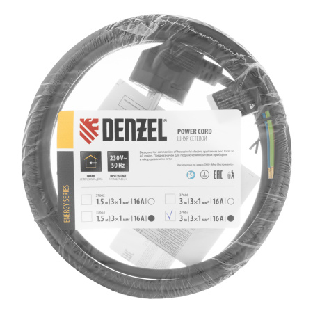 Шнур сетевой Energy Series, ПВС, 3 м, 3 x 1 мм, с неразборной вилкой, черный, Denzel цена
