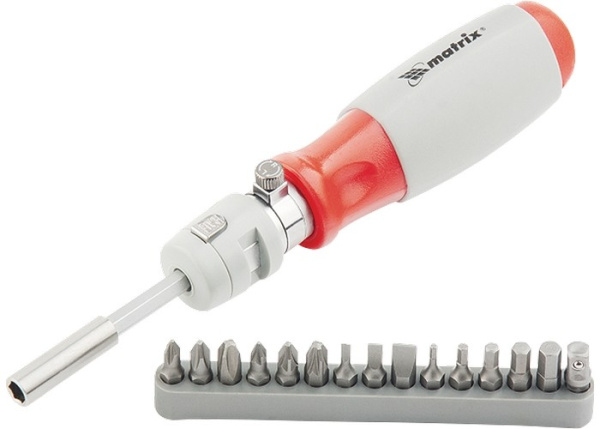 Отвертка реверсивная, телескопическая, силовой элемент под ключ, набор бит, CrV, 15 шт Matrix
