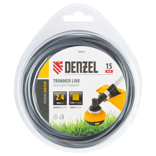 Леска для триммера армированная алюминием квадратная, 2,4мм х 15м, блистер ALUFLEX Denzel цена