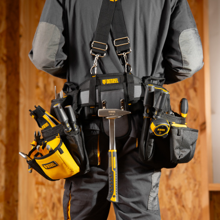 Пояс монтажника усиленный, с лямками, сумки поясные, держатель для молотка Denzel цена