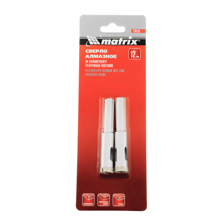 Сверло алмазное по керамограниту, 12 х 67 мм, трехгранный хвостовик, 2 шт Matrix