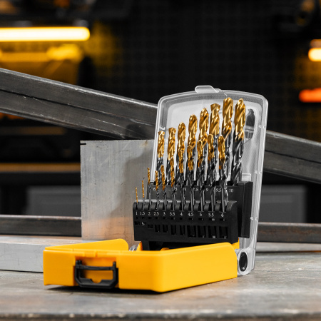 Набор сверл по металлу, 1-10 мм, Р6М5К8-TiN, Golden Tip, 19 шт Denzel