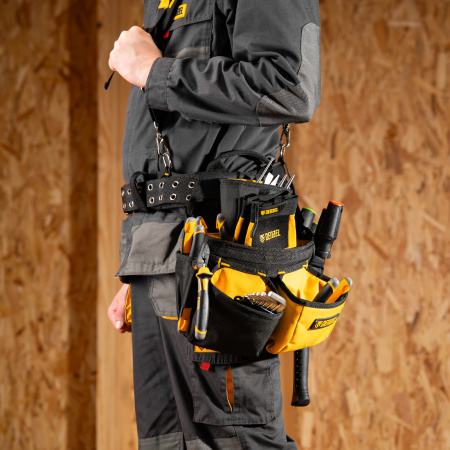 Пояс монтажника усиленный, с лямками, сумки поясные, держатель для молотка Denzel цена