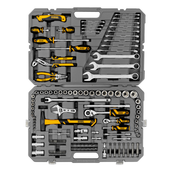 Набор инструментов, 1/2", 1/4", CrV, S2, пластиковый кейс, 122 предмета Denzel