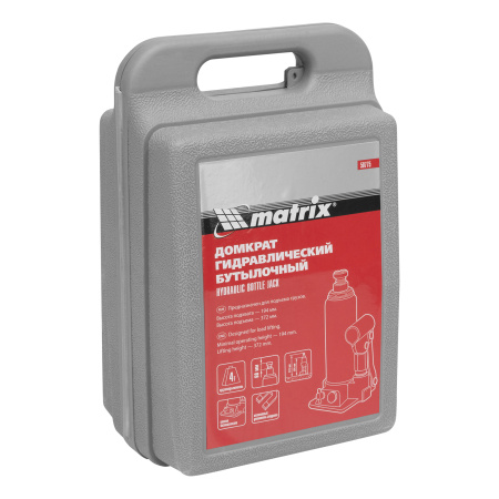 Домкрат гидравлический бутылочный, 4 т, h подъема 194-372 мм, в пластиковом кейсе Matrix цена