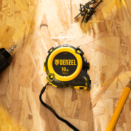 Рулетка 10м х 32мм, автоматич. фиксац., нейлон. покрытие, магнит. зацеп, двухстор. разметка Denzel цена