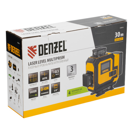 Лазерный уровень мультипризменный DLV 360-4T, 30 м, зеленый луч, Li-Ion 2,4 Aч, штатив// Denzel цена