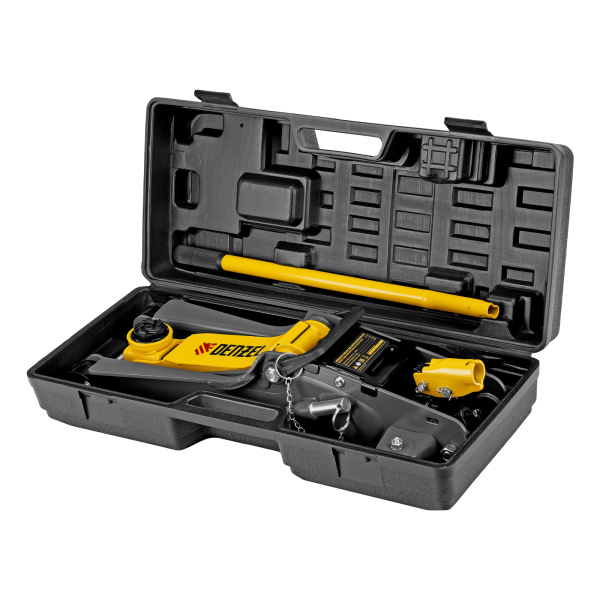 Домкрат гидравлический подкатной с фиксатором, 2,5 т,  85-385 мм, в пласт. кейсе Denzel цена