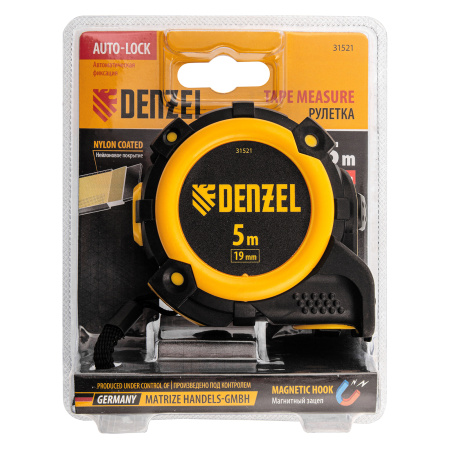 Рулетка 5м х 19мм, автоматич. фиксац., нейлон. покрытие, магнит. зацеп, двухстор. разметка Denzel цена