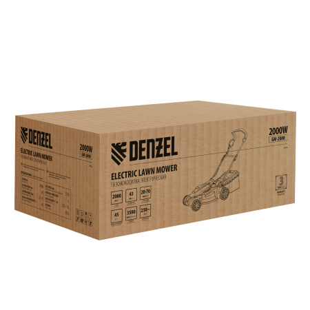 Газонокосилка электрическая GM-2000, 2000 Вт, ширина 43 см, 6 уровней, травосборник 45 л. Denzel цена