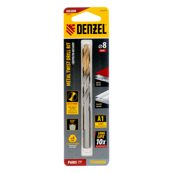 Сверло спиральное по металлу 8 x 117 мм, Р6М5, Golden Tip  Denzel
